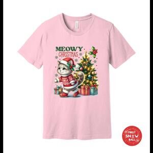 Meowy Christmas T-shirt, Cute Cat Holiday Tee, Cat Lover Xmas Shirt, Unisex